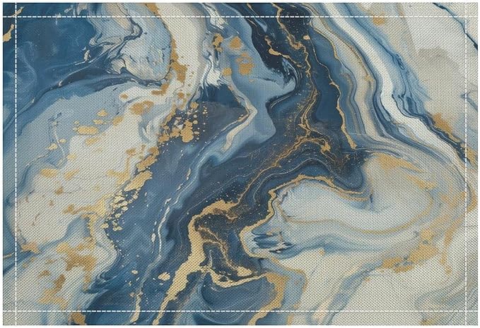 Marble Linen Placemats Set of 4, Modern Luxury Foil Texture Blue White Gold Marble 12x17 Inch Washable Table Mats Non Slip Placemats for Wedding Party Kitchen Banquets Dining Decoration