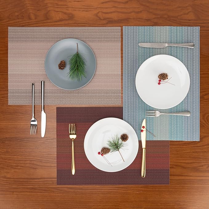 Winknowl Placemats Set of 6, Washable Vinyl Woven Placemats, Heat Resistant & Wipeable Table Mats for Kitchen Dining Table (Blue)