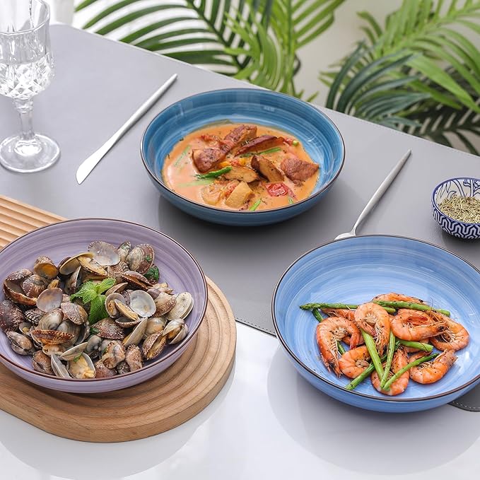 Selamica Ceramic Pasta Bowls Set 34 OZ, Large Salad Bowl 8.6 Inch Deep Plates for Pasta Soup, Microwave & Dishwasher Safe, Set of 6, Gradient Blue