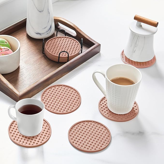 Coasters for Drinks, Silicone Coasters Set of 12 with Metal Holder, Outdoor Coaster for Coffee Table, Non-Slip Rubber Table Cup Mat Desk, Heat Resistant & Scratch-Proof (Dusty Pink)