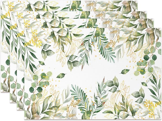 AOFOTO Watercolor Leaves Printed Placemats Set of 4 Spring Sage Green Gold Leaves Place Mats Washable Rectangular Table Mats for Party Home Kitchen Restaurant Dining Table Decor 12x18 Inch