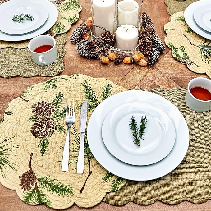 C&F Home Woodland Retreat Pinecone & Pine Needles 100% Cotton Round Scalloped 17" Single Placemat All Seasons Fall Autumn Harvest Summer Lodge Log Cabin Reversible Machine Washable Kitchen Dining