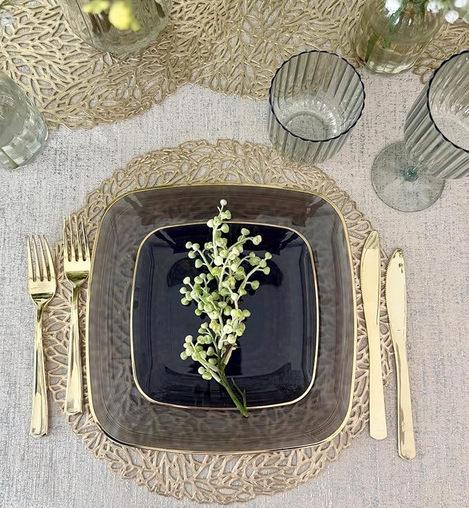 " OCCASIONS " 240 Pieces Pack,(120 Guests) Premium Wedding Party Disposable Plastic Plates Set -120 x 10'' Dinner + 120 x 7'' Salad/Dessert (Belize Square in Black & Gold)