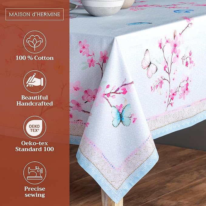 Maison d' Hermine Table Cloth Rectangle Table 100% Cotton 70 x 90 Inches Tablecloth Reusable Decorative for Dining Room Farmhouse Home Valentines Day Decorations Spring Summer - Blossoms in Spring