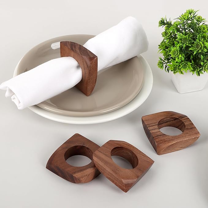 CLEENTABLE Wooden Napkin Rings Set of 12 Fall Decor for Home Square Acacia Wood Napkin Holders for Dining Table Settings Wood Napkin Ring Rustic Table Décor for Weddings, Parties, and Everyday Use