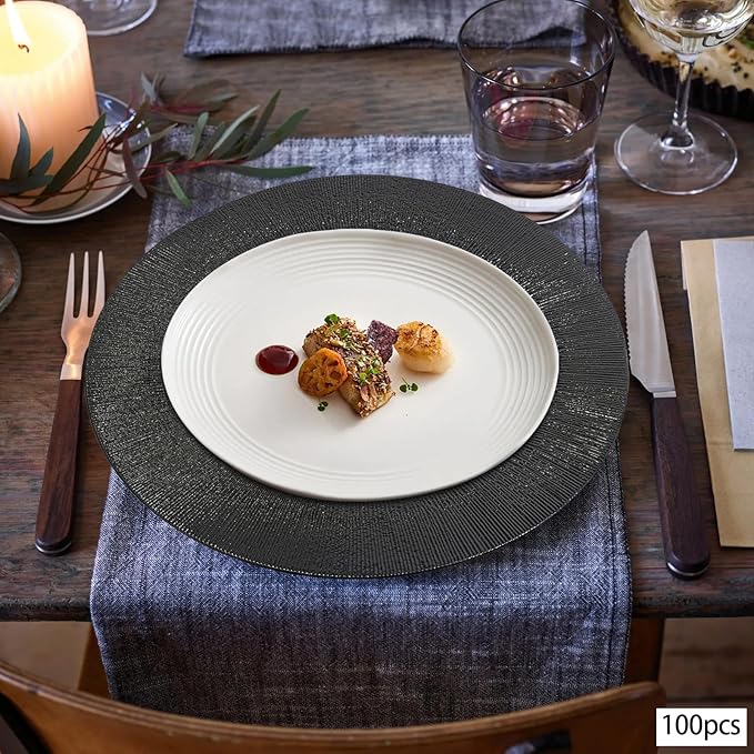 Charger Plates, 100pcs Black 13inch Plastic Dinner Plate, Round Plastic Dinner Plate with Delicate Texture for Parties Wedding (Black)