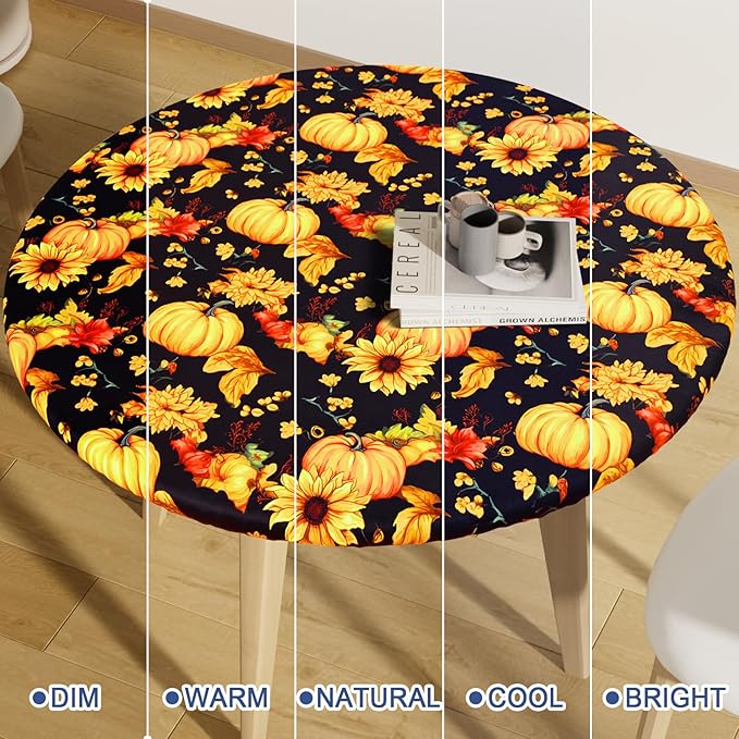 Round Spandex Thanksgiving Tablecloth, Elastic Fitted Waterproof Tablecloths for 36"-44" Tables, Stretch Washable Picnic Table Cover for Autumn Harvest Parties, Pumpkin Sunflower