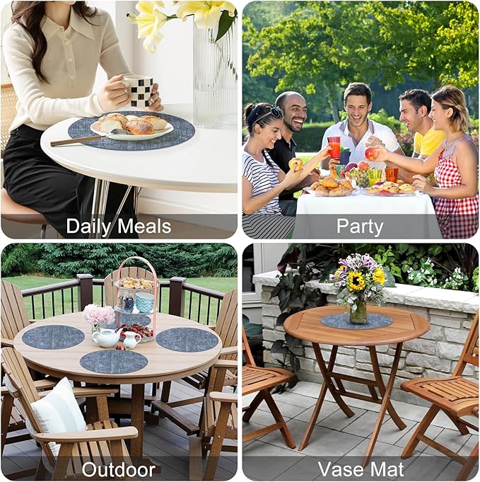 Homaxy Round Faux Leather Placemats and Coasters, Washable Dual-Side Table Mats, Wipeable Heat-Resistant Dining Place Mats for Outdoor and Indoor, Set of 6, Diameter 13 and 3.93 inch, Blue
