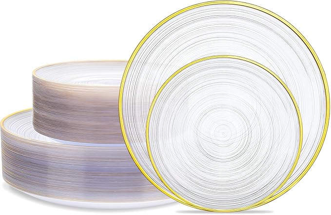 Morejoy 100Pcs Clear Plastic Plates,Clear Disposable Plates With Gold Rim,Heavy-duty Gold Plate, Modern swirl design Plate Include 50Clear Dessert-Platos,50Dinner-Platos for Party&Christmas