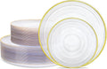 Morejoy 100Pcs Clear Plastic Plates,Clear Disposable Plates With Gold Rim,Heavy-duty Gold Plate, Modern swirl design Plate Include 50Clear Dessert-Platos,50Dinner-Platos for Party&Christmas