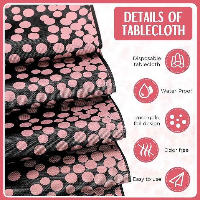 Breling 24 Packs Black and Rose Breling Disposable Plastic Tablecloths and Satin Table Runner Set, 54 x 108 Inch Tablecloth, 12 x 108 Inch Table Runners for Wedding Graduation Birthday Baby Shower