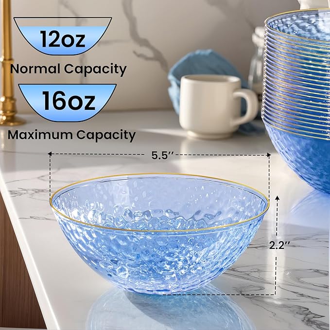 I00000 50 Pack 12 Ounce Blue Plastic Bowls Hammered Clear Bowl with Gold Rimmed, Heavy Duty Disposable Bowl Set,Elegant Small Bowls for Party, Weddings, Catering