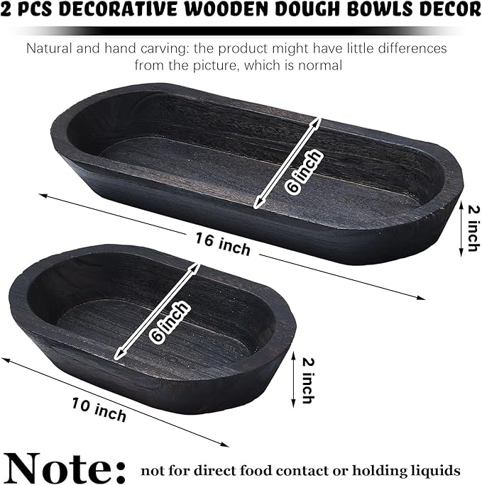 Tessco 2 Pcs Wooden Dough Bowl for Home Rustic Bread Long Wooden Bowl for Kitchen Dining Table Home Decoration(10 x 6 x 2 Inch, 16 x 6 x 2 Inch,Dark Brown)