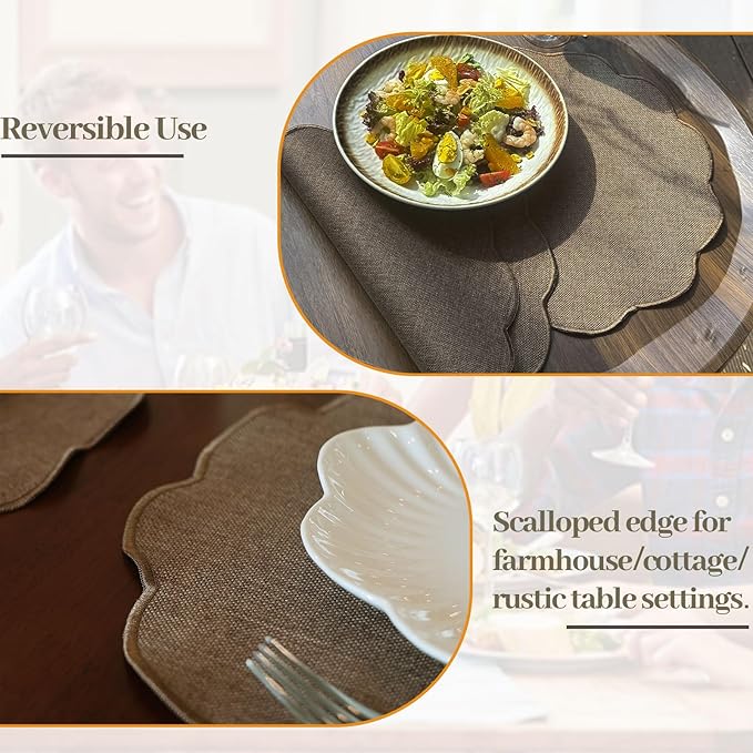 AHHFSMEI Round Faux Linen Placemats Set of 4 Waterproof Table Mats Heat Resistant Non-Slip and Stain Proof for Kitchen Dining Elegant Decor (Brown,4)