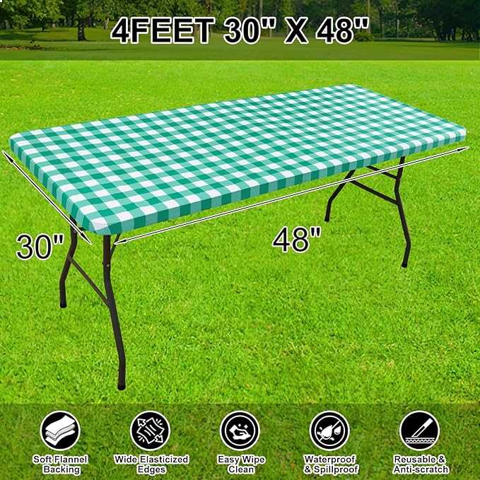 Smiry Rectangle Picnic Table Cloth, Elastic Waterproof Fitted Vinyl Tablecloths, Flannel Backed Buffalo Plaid Table Covers for Dining, Camping, Outdoor (White and Green, 30" x 48")