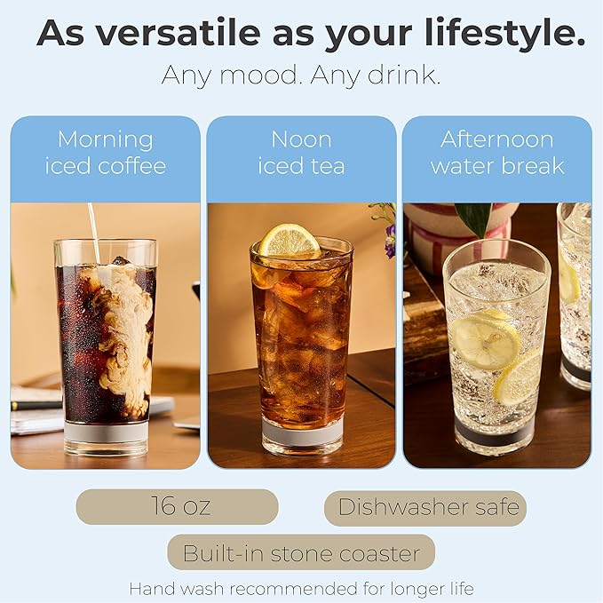 Coast Glassware The Tall – Patented Highball Drinking Glasses with Built-In Stone Coaster Base – Absorbent, Surface-Protecting Water & Cocktail Glasses - Premium Gift Pack (Set of 4) - 16 oz