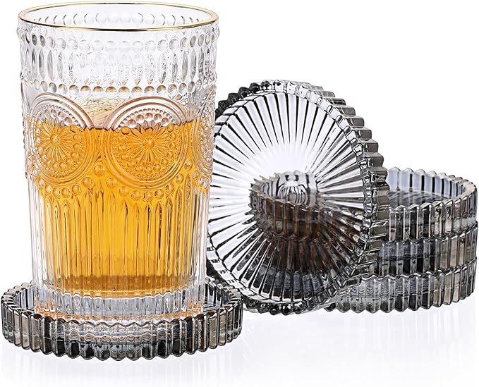 JUXYES 5 Pack Crystal Black Coasters Round Cup Mat, Glass Coasters for Drinks Coffee Tea Wine, Decorative Wine Bottle Coaster, Crystal Drink Coaster for Restaurant bar Kitchen Dining Table