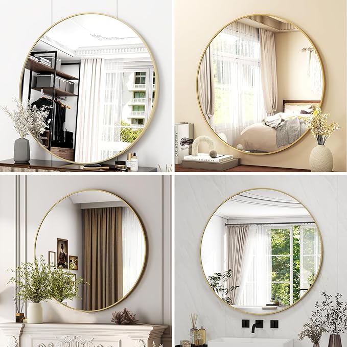 36 Inch Round Bathroom Mirror - Gold Wall Mounted Circle Mirror with Metal Frame, Modern Round Hanging Mirror Suitable for Bathroom, Vanity, Entryway, Living Room