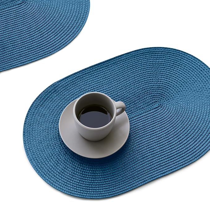 FunWheat Oval Braided Placemats Set of 6 Table Mats for Dining Tables Washable Heat Resistant Place mats for Daily Use12 x18 Inch (Oval Blue, 6pcs)