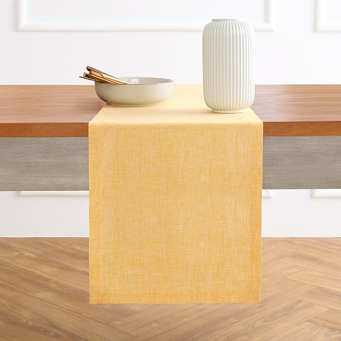 Solino Home Linen Small Table Runner 48 Inches - Athena, 100% Pure Linen Chambray Mustard Yellow Table Runner 14 x 48 Inch Ideal for Dresser and Coffee Tables, Spring, Easter