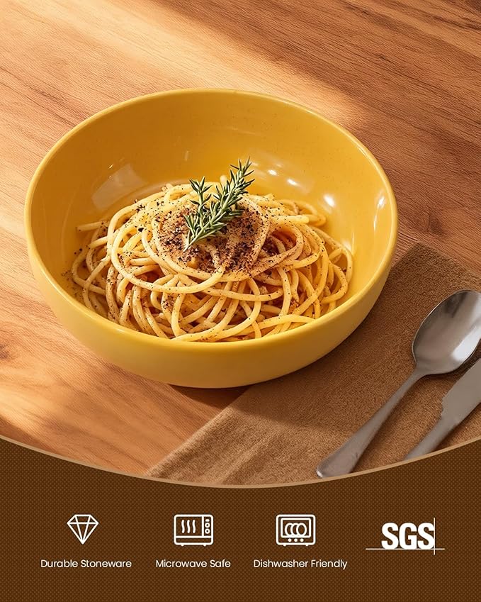 Pasta Bowls Set of 4, 34oz Speckled Ceramic Bowls Set for Serving Salad, Pasta, Soup, Dinner, 8" Wide and Deep Bowls, Dishwasher & Microwave Safe, Matte Terracotta Base (Mixed Color)