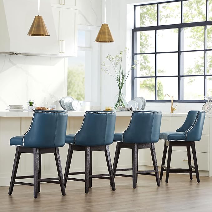 CHITA Counter Height Swivel Bar Stools Set of 4, FSC Certified Upholstered Counter Stools, Modern Swivel Barstools with Wood Legs for Kitchen Island, 26" Seat Height, Faux Leather in Blue
