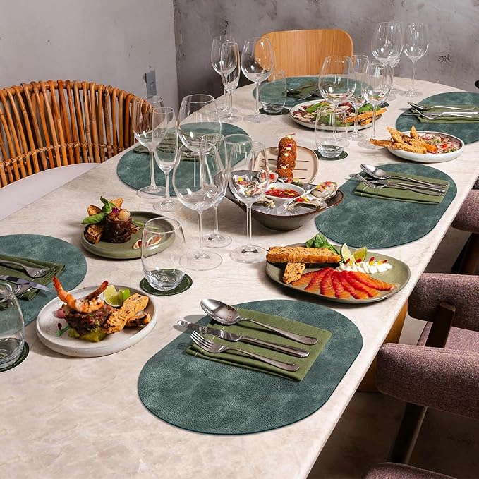ADRIMER Placemats, Heat Resistant Oval Placemats Set of 6 Washable 12 x 17 Inch, Waterproof Table Mats, Wipeable Pu Place Mats for Kitchen, Dining Room, Blue & Green