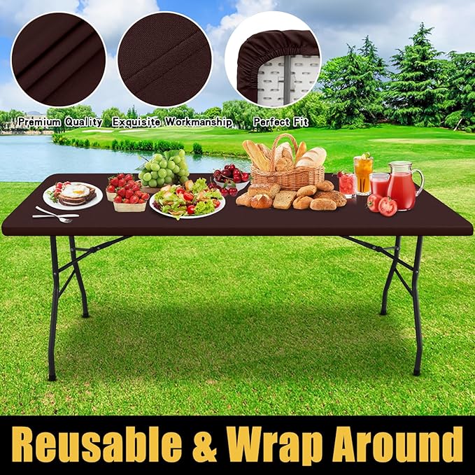 Smiry Rectangle Picnic Table Cloth, Waterproof Elastic Fitted Tablecloths for 8 Foot Tables, Washable Polyester Table Cover for Camping, Indoor and Outdoor (Coffee, 30"x96")