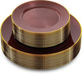Hioasis 60pcs Burgundy and Gold Plastic Plates - Burgundy Disposable Dinnerware Set, 30pcs Dinner 10.25in & 30pcs Dessert 7.5in Plates with Striped Designs for Party & Wedding