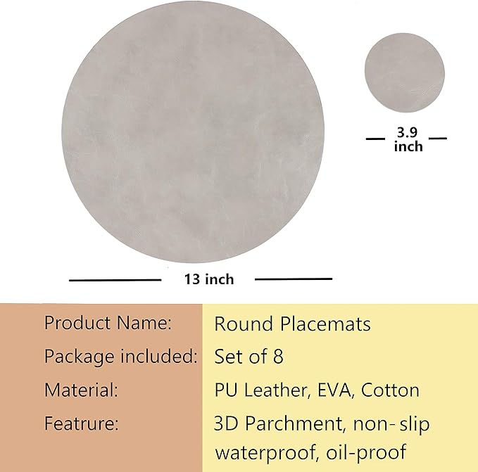 Set of 8 Faux Leather Round Placemats and Coasters, Coffee Mats Kitchen Table Mats, Waterproof, Easy to Clean, for Kitchen Dining Round Table