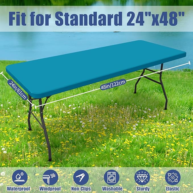 Spandex 4 Foot Rectangle Table Cloth 2 Pack, Elastic Fitted Tablecloths for Picnic, Stretch Washable Patio Table Cover for Outdoor, Camping, Banquet and Parties (Teal, 24"x48")