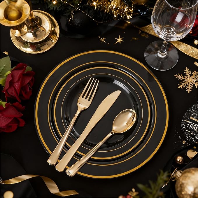 FLOWERCAT 100PCS Black and Gold Plates - Heavy Duty Black Plates Disposable for Halloween Party/New Year/Birthday- Include 50PCS 10.25inch Dinner Plates - 50PCS 7.5inch Dessert Plates