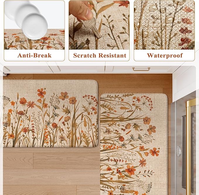 KIMODE Fall Kitchen Mats Cushioned Anti Fatigue, Orange Farmhouse Kitchen Rugs Sets of 2, Non Slip Kitchen Mats for Floor, Padded Kitchen Floor Mats for Sink Laundry Office Desk 17"x47"+17"x29"