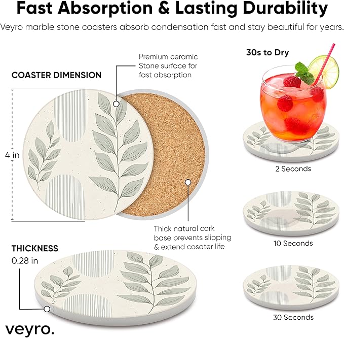 VEYRO Ceramic Coasters Set of 6 – Absorbent Stone Drink Coasters with Holder, Non-Slip Cork Backing, Modern Marble Look Coasters for Coffee Table, Desk & Home Decor