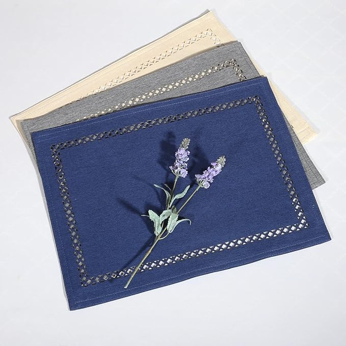 Placemats Set of 6 for Dining Table with Hollow Edge Design- Table Mats 12x 18 Inch, Cloth Place mats Machine Washable (Blue 6pcs)
