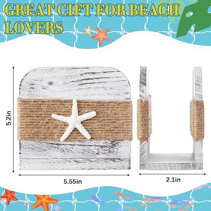 Natural Wooden Napkin Holder, Farmhouse Napkin Holders Upright Wooden Tissue Dispenser for Kitchen Dining Room Table Decor Indoor & Outdoor Use (Beach Style,White)