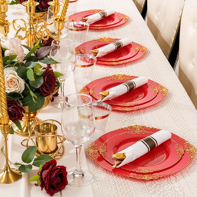 Nervure 100Pcs Red and Gold Plastic Plates - 7.5inch Red Disposable Plates - Heavyweight Plastic Plate - Dessert Plate for Wedding & Party