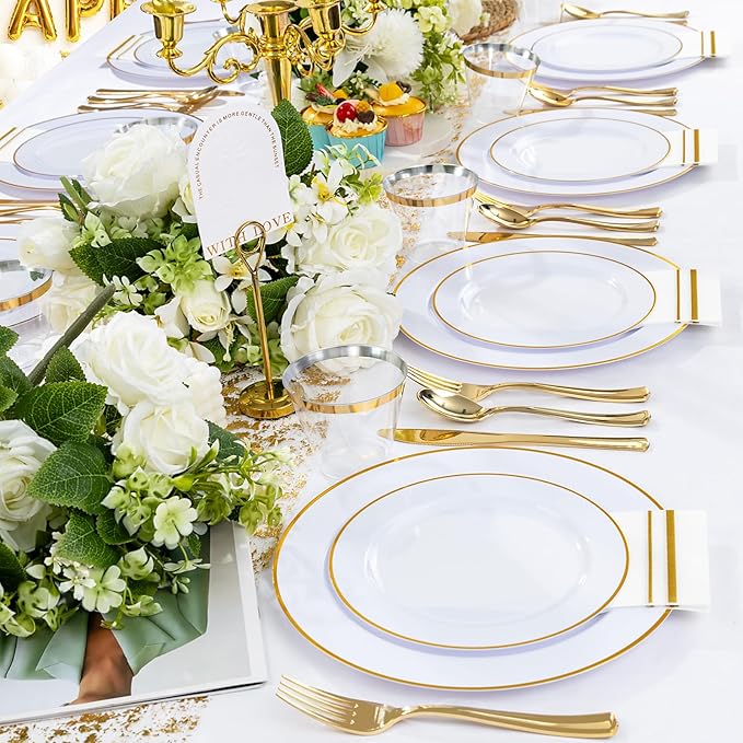 SUT 700Pcs Disposable Dinnerware Set for 100 Guests, White and Gold Plastic Plates, Party Plates and Cups and Napkins Sets, plates and Napkins Party Supplies, Gold plastic Silverware for Party Wedding