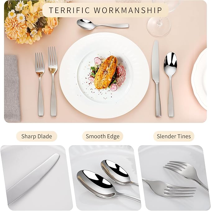 65-Piece 18/10 Stainless Steel Flatware Set for 12, Heavy Duty Silverware Set, Flatware Set with Serving Utensil, High End Mirror Polish and Satin Handle, Dishwasher Safe, Ideal for Gift