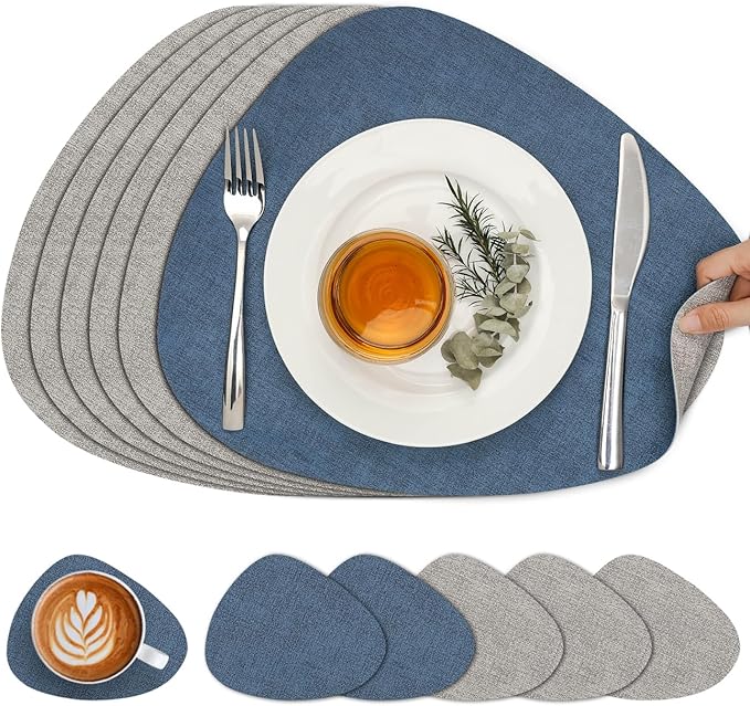 Placemats and Coasters, Washable Placemats Round Faux Leather Wipeable Place Mats Non Slip Heat Resistant Indoor Outdoor Table Mats (Set of 6, Light Gray Navy Blue)