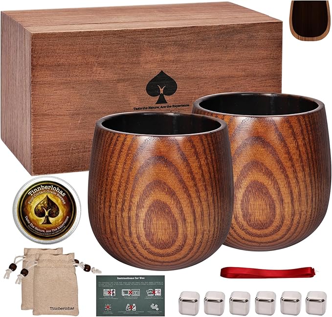 Charred Wooden Whiskey Glass Set of 2 – Durable Bourbon Glass for Men, Insulated Old Fashioned Glass – Whiskey Gifts for Husband, Dad, Brother – Birthday, Christmas, Father's Day