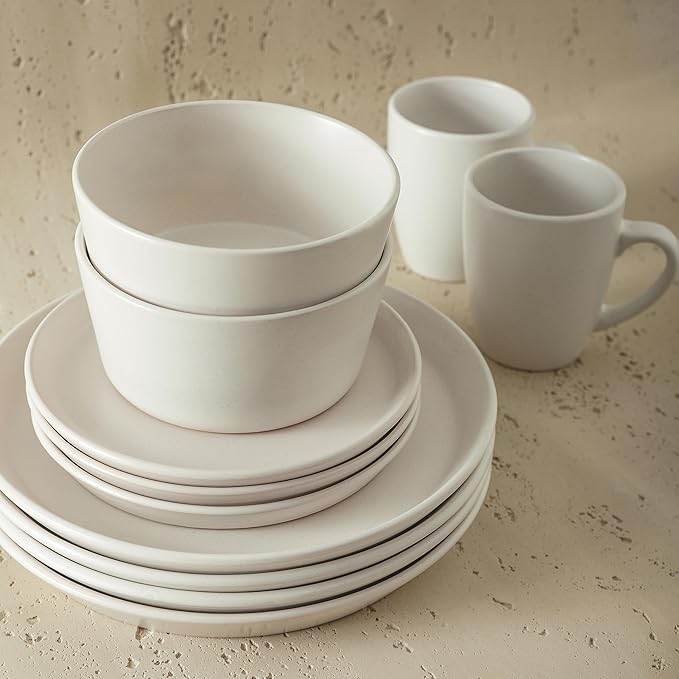 SERVICE FOR 4 - Total of 16 pieces including 8 dinner plates (10”), 4 salad plates (7.5”), 4 bowls (5.75”), and 4 mugs (12 oz), making it the perfect set to service 4 people