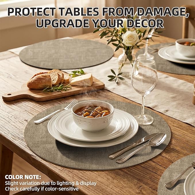 15 inch Faux Leather Round Placemats Set of 6 Non-Slip Washable Wipeable Table Mats, Heat Resistant Waterproof Oilproof Light Coffee Place Mats for Kitchen, Dining, Party, Indoor, Outdoor