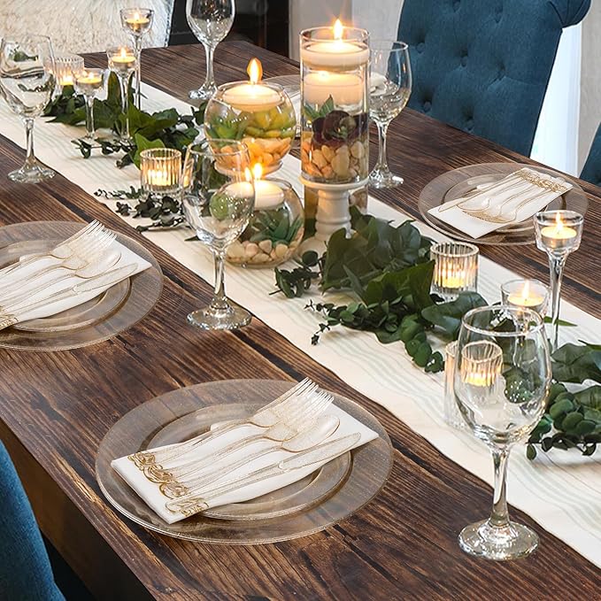 Goodluck 175 Piece Dinnerware Set for 25 Guests, Plastic Plates Disposable for Party, Include: 50 Gold Glitter Plastic Plates, 25 Paper Napkins, 25 Cups, 25 Gold Glitter Silverware Set