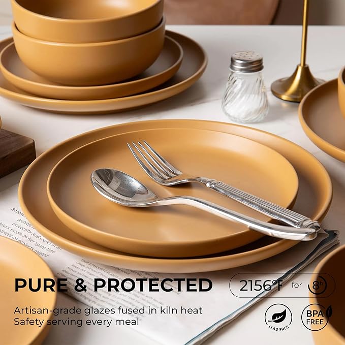 12-Piece Matte Orange Dinnerware Set,Stoneware Dinnerware for 4, Microwave & Dishwasher Safe, Stackable Design for Kitchen and Dining - Plates and Bowls