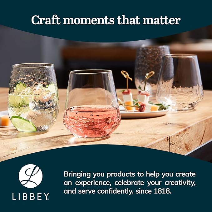 Libbey Hammered Stemless All-Purpose Wine Glasses, 17-ounce, Set of 8