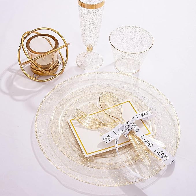 WDF 120PCS Gold Plastic Plates- Disposable Gold Glitter Plates, Premium Heavy Duty 60-10.25" Dinner Plate and 60-7.5" Salad Plate for Parties Wedding Birthday Valentine's Day