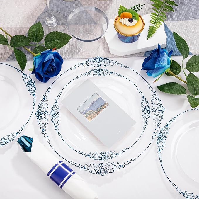 Hioasis 175pcs Clear and Blue Plates - Blue Party Plates for 25 Guest, Include 50 Heavy-duty Plates(20% Thicker Than Standard), 25 Pre Rolled Gold Plastic Silverware Set, 25 Cups