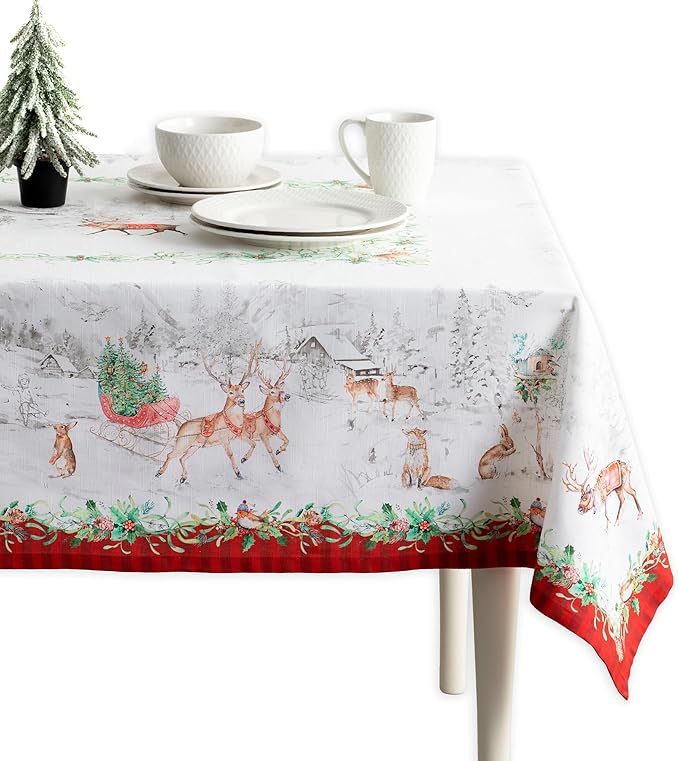 Maison d' Hermine Table Cloth Rectangle Table 100% Cotton 60 x 120 Inches Fall Tablecloth Reusable Everyday Use for Thanksgiving Christmas Decorations Dining Farmhouse Party (Christmas Tradition)