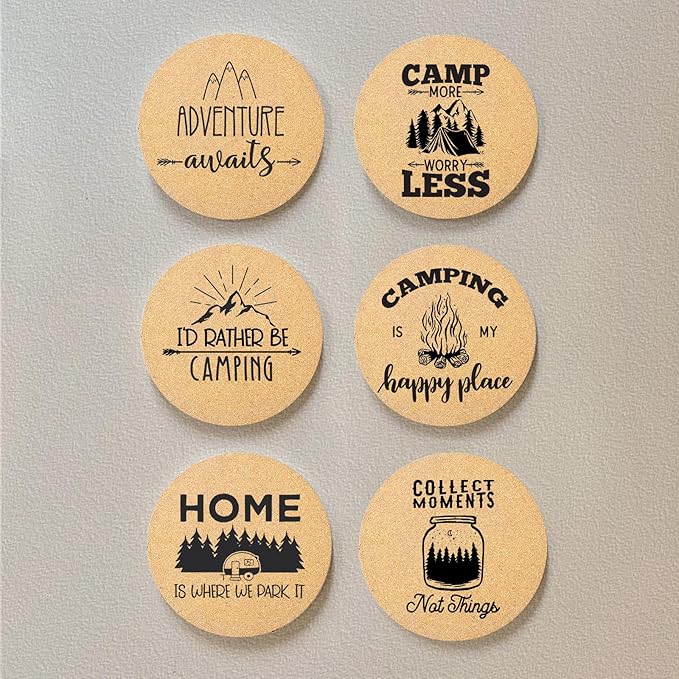 Coasters for Drinks with Holder Set of 6, Camping Coaster Absorbent Cork Wood for Cup Desk Office Table Kitchen Decor House Warming Gifts for New Home Couples, Round 4"